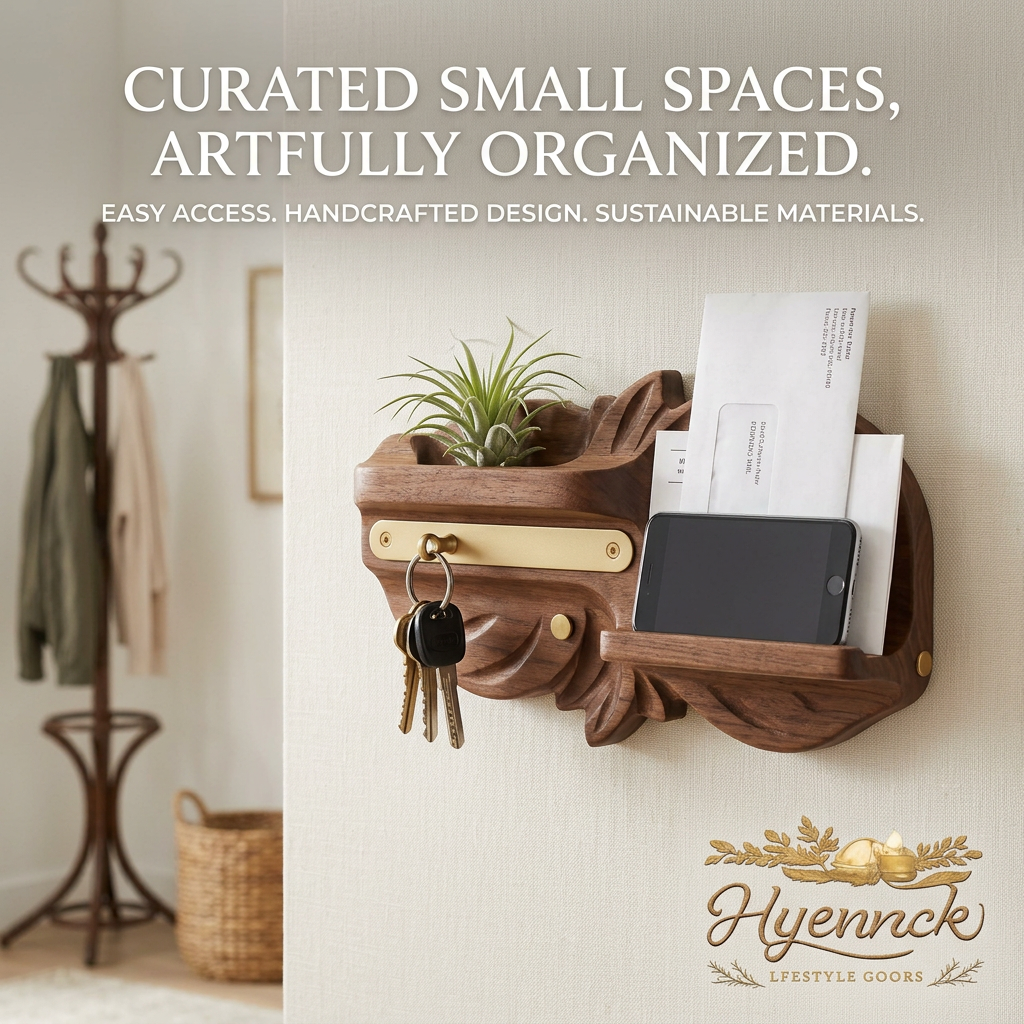 Hyennck™ Wall Mounted Mail Organizer and Key Holder - Handcrafted Wood Entryway Floating Shelf with Phone Stand, Letter Sorter, Plant Pocket & Brass Key Hooks for Foyer, Mudroom, and Office Decoration