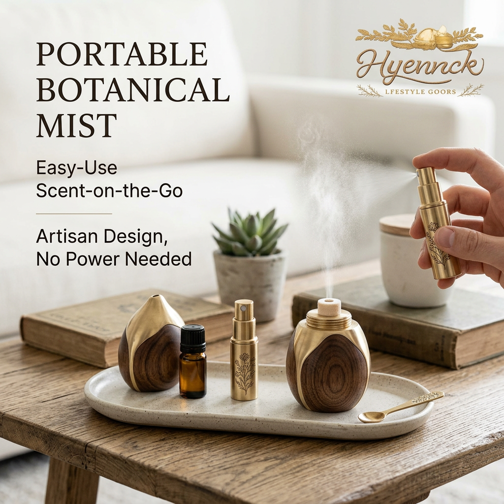 Hyennck™ Portable Botanical Mist & Waterless Aromatherapy Diffuser Set - Artisan Walnut Wood & Brass Passive Diffuser, Engraved Pocket Sprayer, and Ceramic Tray - Luxury Home Fragrance Gift Set for Scent-on-the-Go