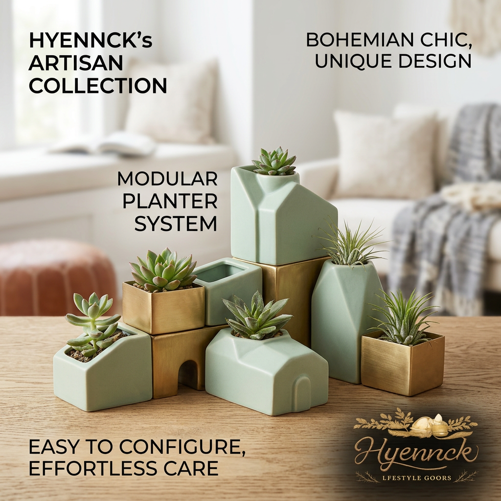Hyennck™ Modular Ceramic and Gold Planter Set - 9-Piece Bohemian Chic Geometric Succulent Pots & Air Plant Holders - Stackable Architectural Indoor Plant Pots for Desktop, Windowsill, Home and Office Decor