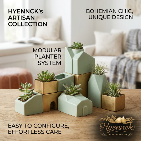 Hyennck™ Modular Ceramic and Gold Planter Set - 9-Piece Bohemian Chic Geometric Succulent Pots & Air Plant Holders - Stackable Architectural Indoor Plant Pots for Desktop, Windowsill, Home and Office Decor