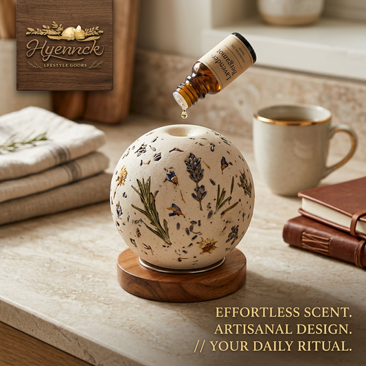 Hyennck™ Passive Ceramic Stone Essential Oil Diffuser | Handmade Pressed Flower Clay Aroma Diffuser with Wooden Base | Non-Electric Eco-Friendly Room Fragrance for Aromatherapy, Home Decor, Office & Spa
