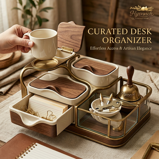 Hyennck™ Luxury Walnut Wood & Brass Desk Organizer Set | Premium Ceramic Storage Canisters, Built-in Coffee Cup Stand, Stationery Drawer, Decorative Glass Display Box & Vintage Call Bell | Elegant Executive Desktop Decor & Vanity Organizer