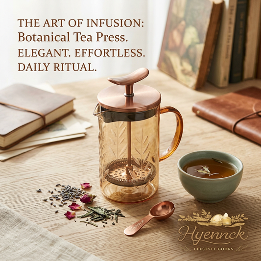 Hyennck™ Botanical Tea Press & French Press Coffee Maker - Amber Borosilicate Glass Tea Infuser with Elegant Etched Leaf Design, Copper Stainless Steel Plunger & Matching Measuring Scoop for Loose Leaf Tea, Herbal Infusions, and French Press Coffee