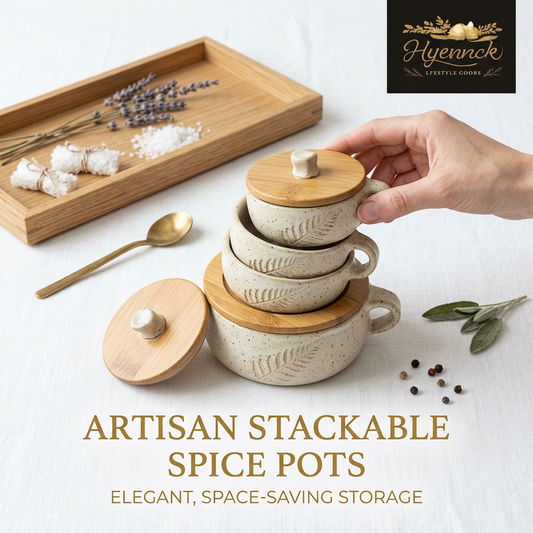 Hyennck™ Artisan Stackable Spice Pots Set of 4 – Speckled Ceramic Condiment Jars with Natural Bamboo Lids & Handles – Elegant, Space-Saving Seasoning Containers for Sugar, Salt, Herbs & Spices