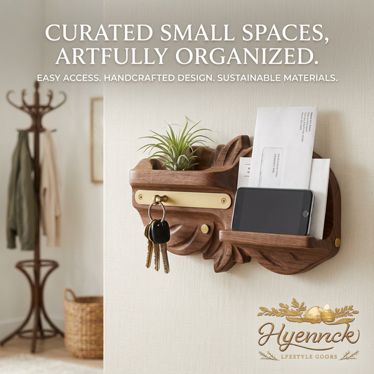 Hyennck™ Wall Mounted Mail Organizer and Key Holder - Handcrafted Wood Entryway Floating Shelf with Phone Stand, Letter Sorter, Plant Pocket & Brass Key Hooks for Foyer, Mudroom, and Office Decoration
