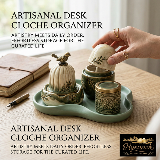 Hyennck™ Artisanal Desk Cloche Organizer Set - 4-Piece Ceramic Trinket Dish & Storage Jars, Aesthetic Vintage Desk Accessories, Botanical Sage Green Jewelry & Stationery Organizer, Unique Work-from-Home Gift