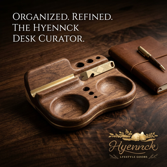 Hyennck™ Premium Walnut Wood Desk Organizer - Luxury Wooden Valet Tray with Phone Stand, Pen Holder & Catchall Dishes | Executive EDC Nightstand Dock, Tech Organizer, and Grooming Station Gift for Men & Women